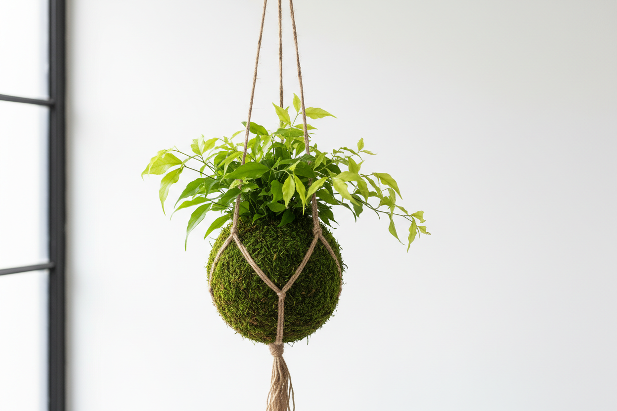 kokedama moss root ball on vining plant