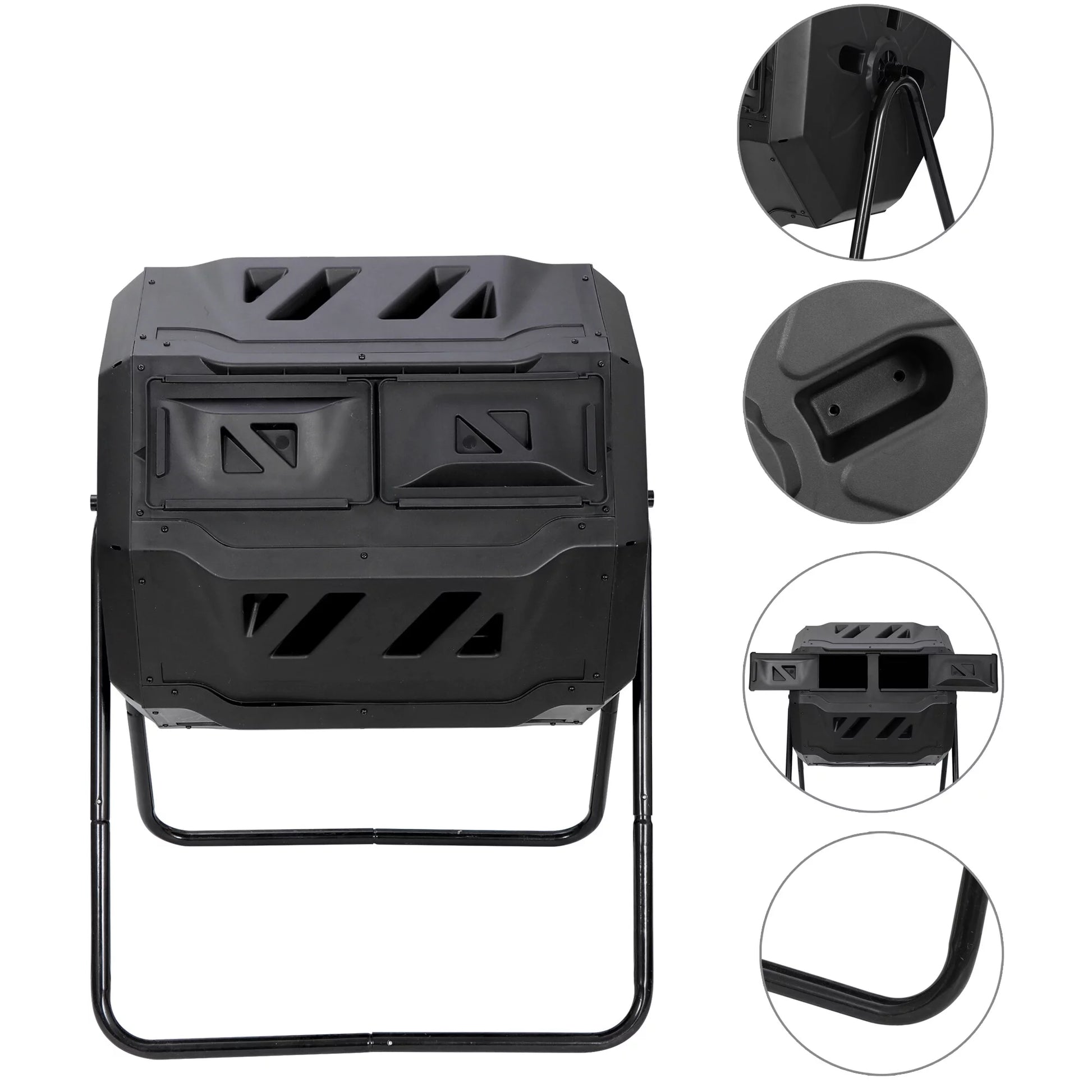 43Gal Outdoor Compost Tumbler Bin - Dual Chambers, Sliding Doors, Black,