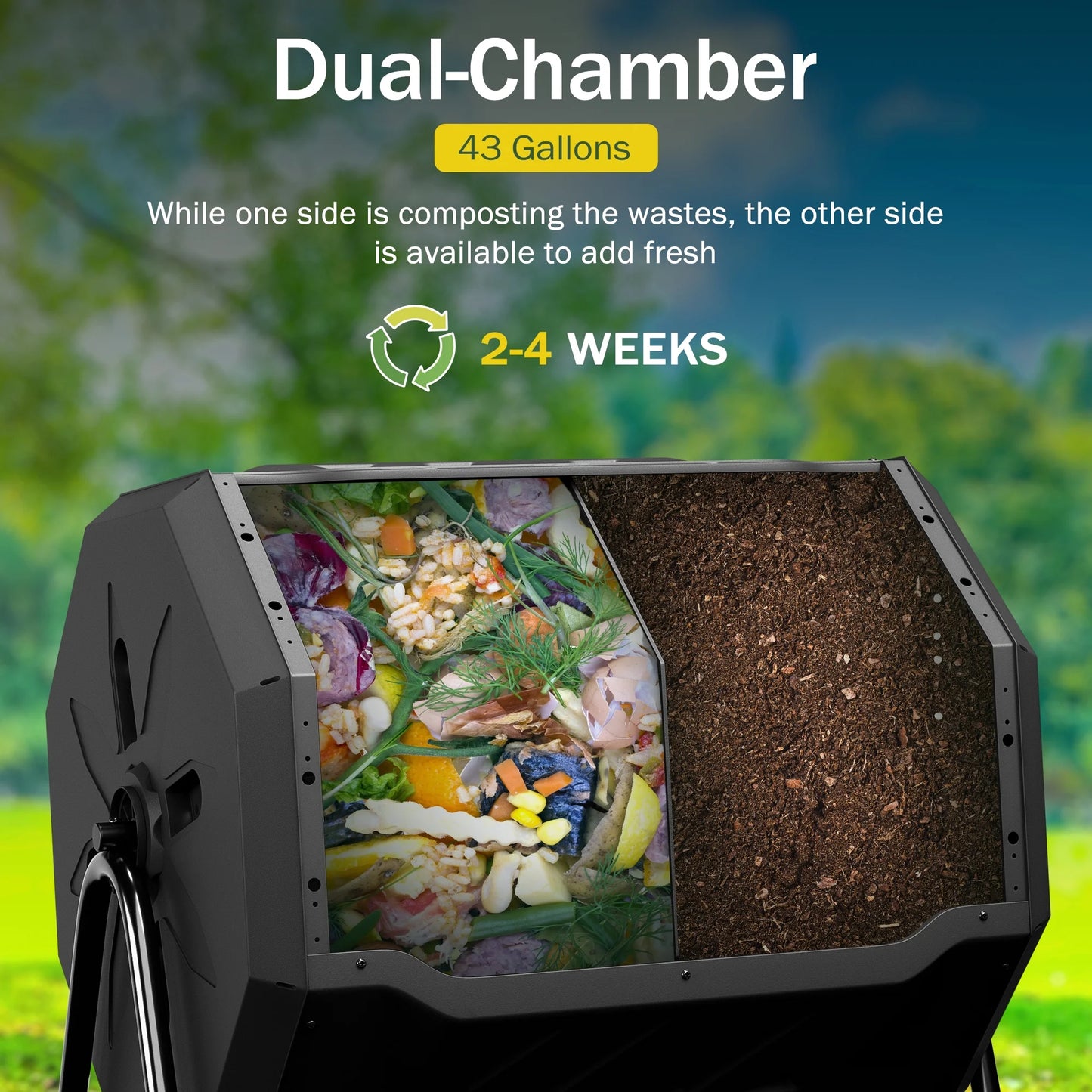 43Gal Outdoor Compost Tumbler Bin - Dual Chambers, Sliding Doors, Black,