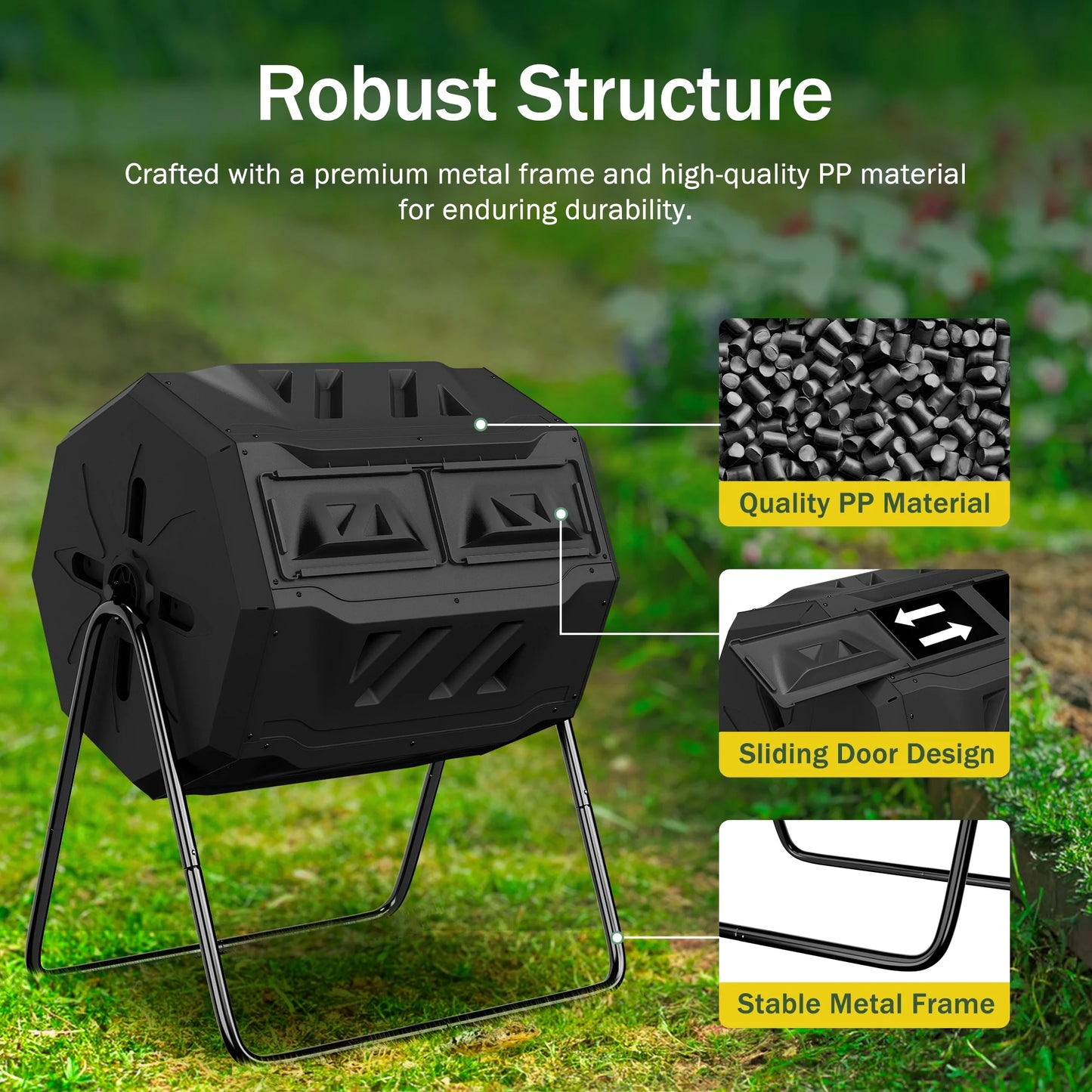 43Gal Outdoor Compost Tumbler Bin - Dual Chambers, Sliding Doors, Black,