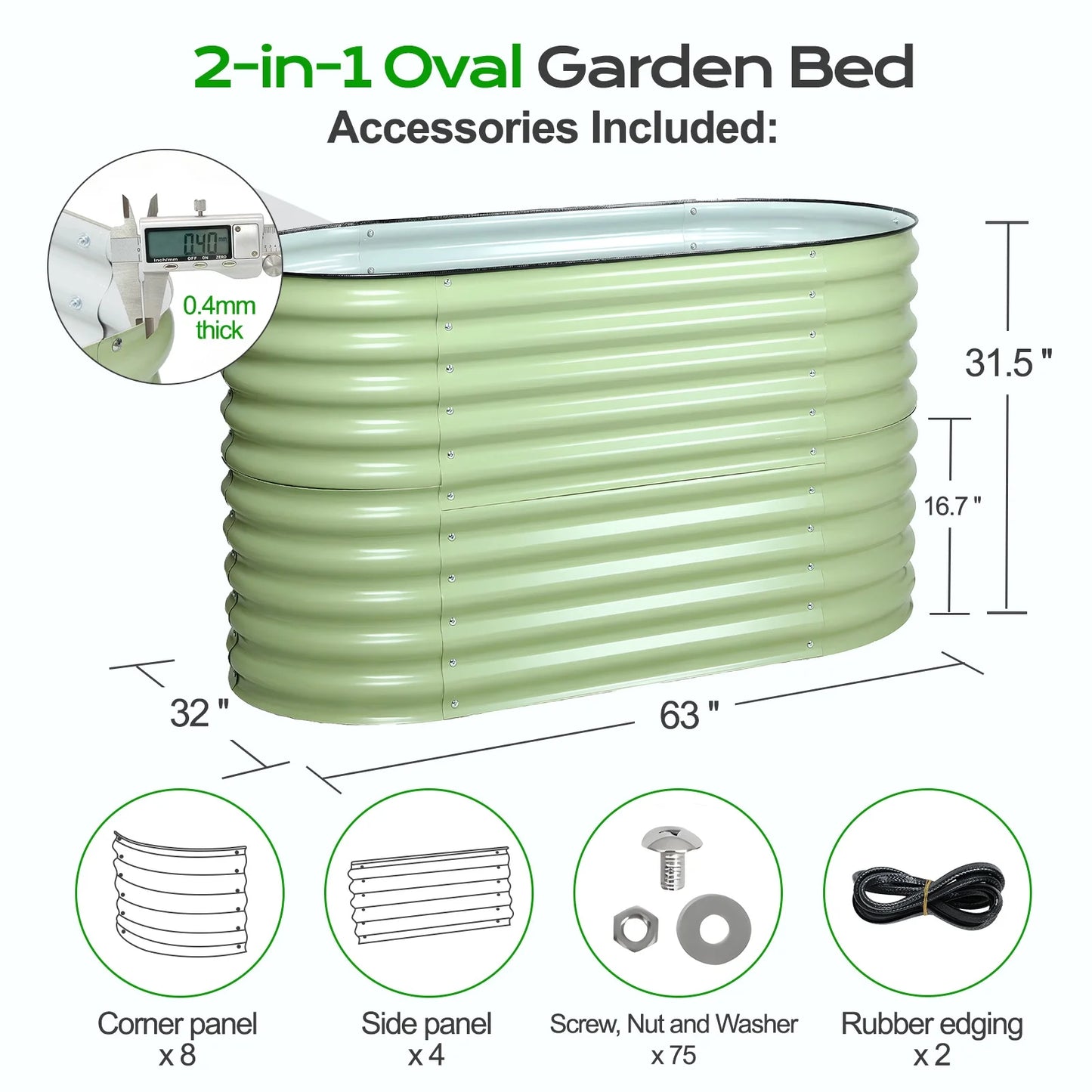 4-In-1 Modular Metal Raised Garden Bed, 63''L X 32''W X 32''H Outdoor Planter Box for Vegetables, Flowers, Herbs, Green