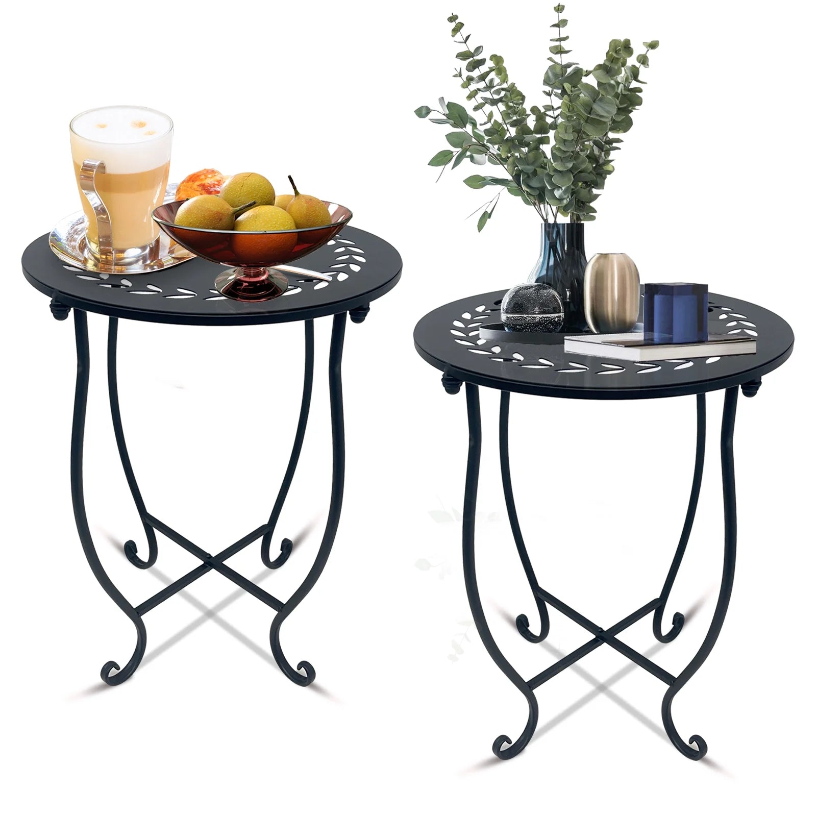 Outdoor round Patio Side Tables, 17--Inch Weather Resistant Metal End Table, Set of 2
