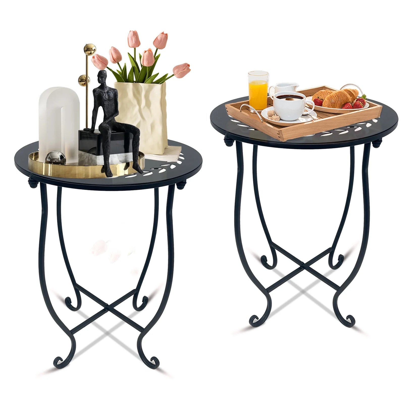 Outdoor round Patio Side Tables, 17--Inch Weather Resistant Metal End Table, Set of 2