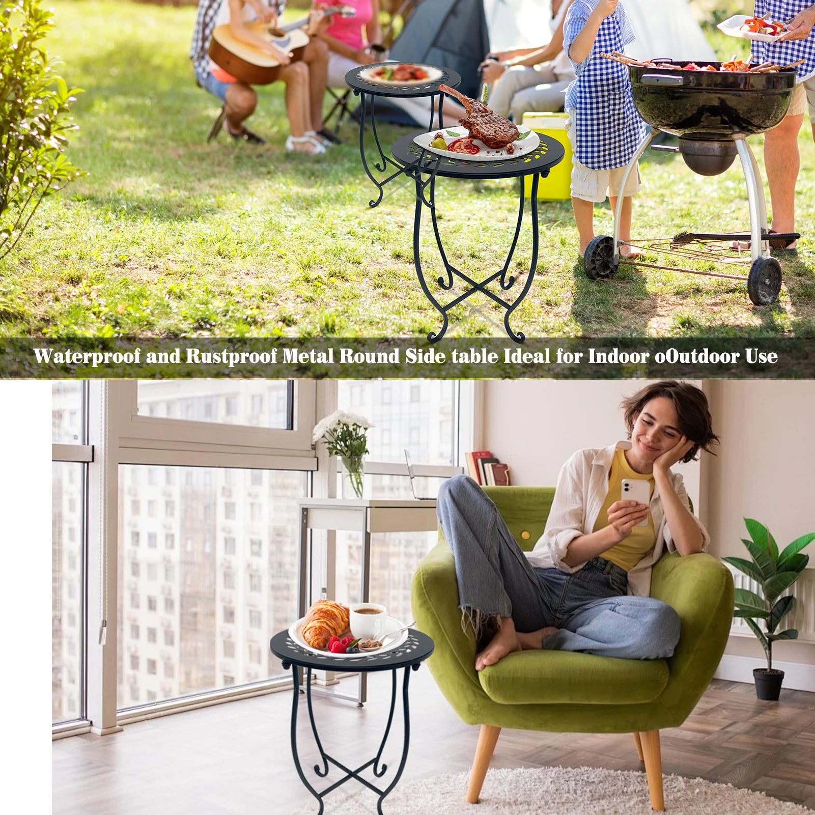 Outdoor round Patio Side Tables, 17--Inch Weather Resistant Metal End Table, Set of 2